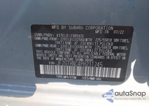 2023 Subaru Crosstrek Limited z USA, uszkodzony, nr VIN JF2GTHNC4PH231245